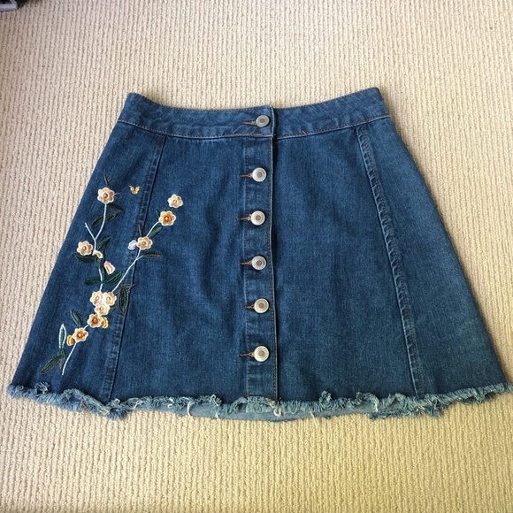 Streetwear Society Dresses & Skirts - Streetwear Society Blue Denim Button-Front Mini Skirt with Floral Embroidery